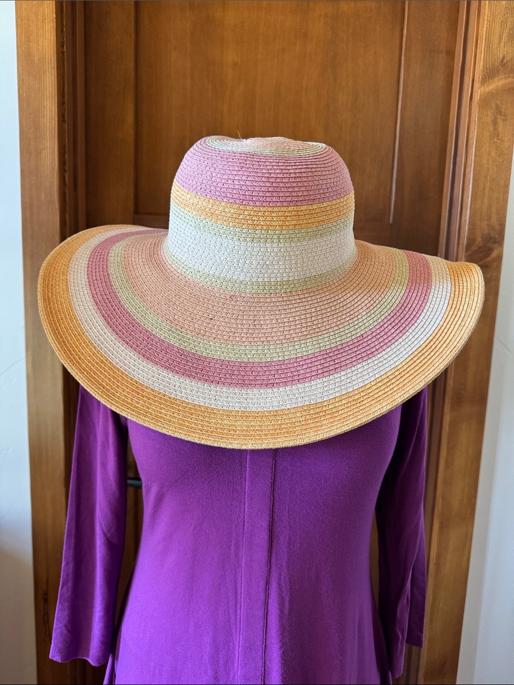 Wide-Brim Striped Sun Hat — Pink, Peach & Cream